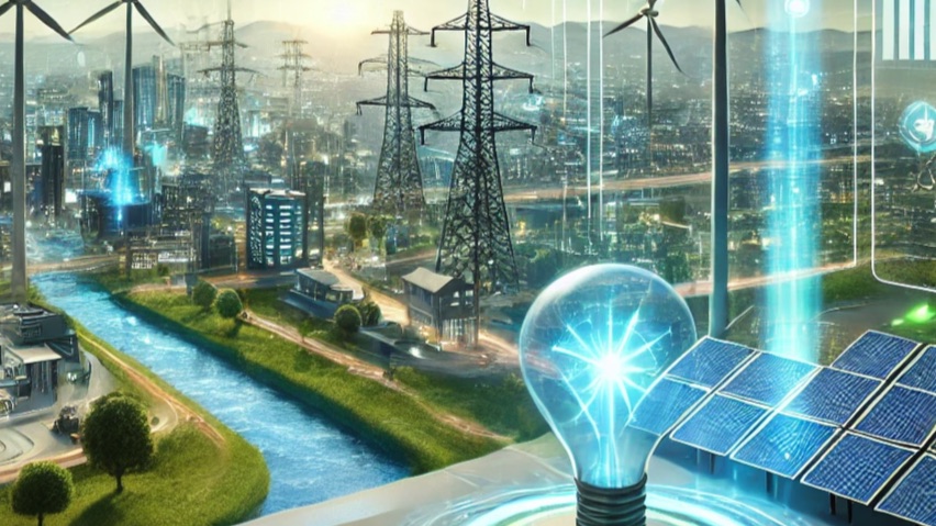 Digitale Illustration einer vernetzten Stadt mit erneuerbaren Energien, Solaranlagen und Stromleitungen
